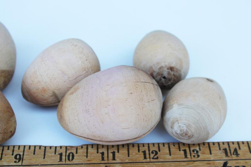 old cracked carved wood nest box eggs, natural brown eggs, vintage primitives