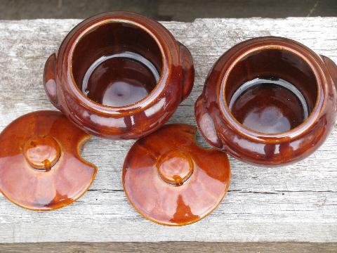 old crockery jam jars or mustard pots, vintage stoneware pottery crocks