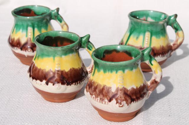 old egg & spinach glaze spatterware pottery coffee pot & cups, terracotta clay
