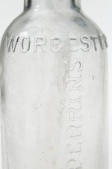 old embossed glass bottle, vintage condiment bottle Lea & Perrins Worcestershire sauce