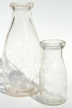 old embossed glass milk bottles, Hey Brothers big & baby brother bottle, 1940s vintage