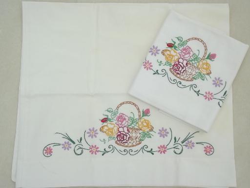 old embroidered cotton pillowcases w/ crochet lace, vintage bed linens lot
