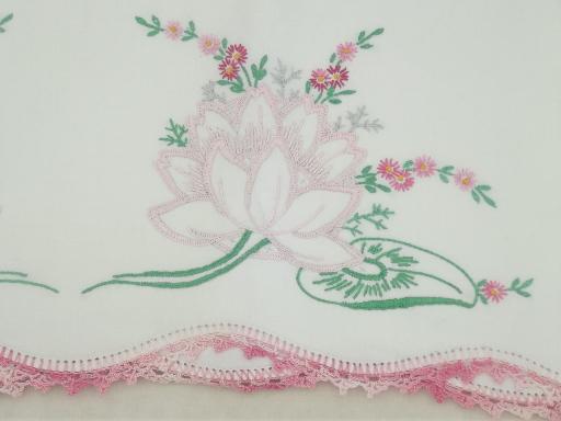 old embroidered cotton pillowcases w/ crochet lace, vintage bed linens lot