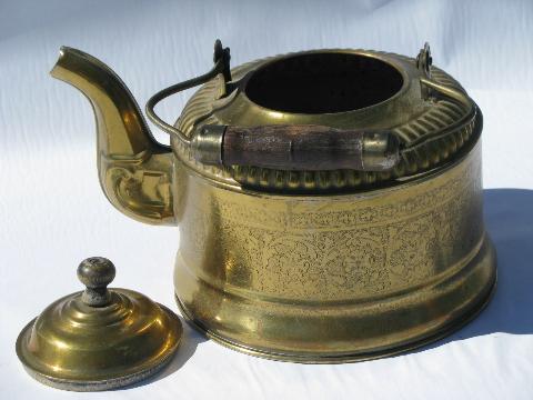 old etched brass tea kettle, teakettle w/ wood handle, vintage England?