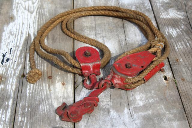 old farm primitive tool, vintage block and tackle pulley hoist w/ rustic natural rope