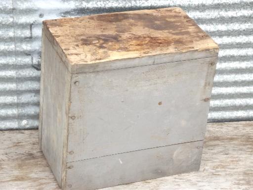 old farm tool box, primitive vintage wood box w/ worn grey paint