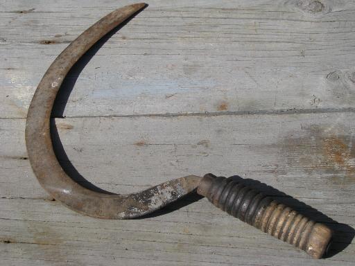 old farm tools lot, vintage corn knives w/ sickle cutter blade and wood handle
