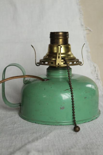 old farmhouse oil lamp, 1920s vintage jadite green tin chamber lamp electrified