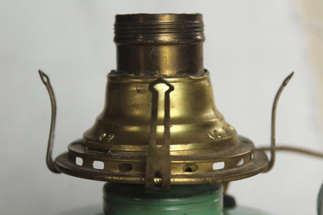 old farmhouse oil lamp, 1920s vintage jadite green tin chamber lamp electrified