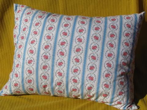 old feather down pillow, vintage flowered striped cotton fabric cover