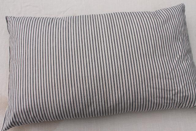 old feather pillow w/ indigo blue striped cotton ticking, rustic primitive country farmhous