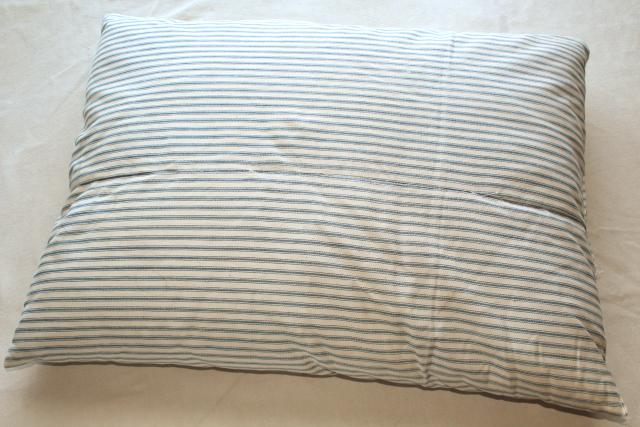 old feather pillow w/ indigo blue striped cotton ticking, rustic primitive country farmhouse