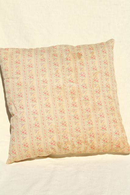old feather pillow, square seat cushion, grubby vintage flowered ticking fabric