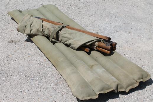 old folding camp cot, WWII vintage wood & canvas army cot portable field gear camping bed
