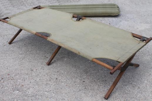 old folding camp cot, WWII vintage wood & canvas army cot portable field gear camping bed