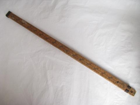 old folding wood measure, yardstick ruler w/ vintage advertising, Wisconsin farm primitive tool