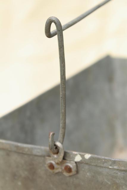 old galvanized zinc metal tool tote box w/ wire handle, rustic primitive vintage patina