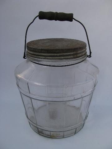 old glass barrel pickle canister jar w/ wood handle, vintage kitchen