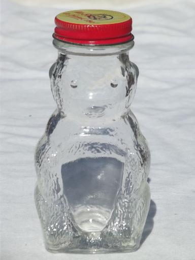 old glass honey bear jar, figural bottle savings bank / candy container