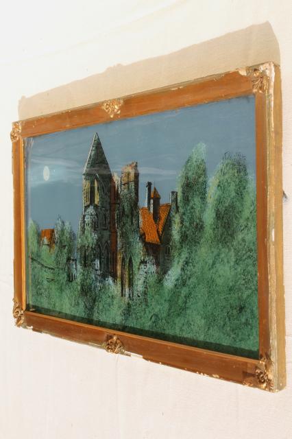 old gothic manor moonlit castle landscape, reverse painted glass picture in shabby antique frame
