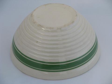 old green banded pottery mixing bowl, vintage USA Oven Proof kitchenware