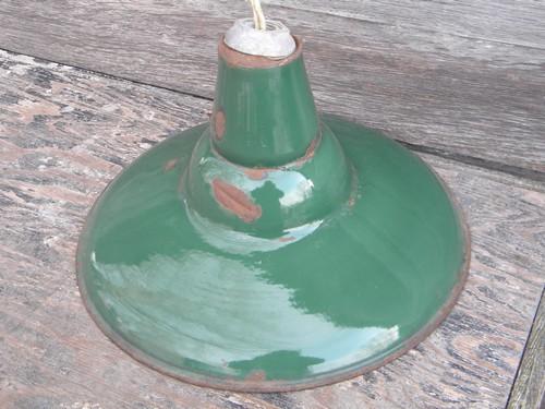 old green enamel pendant lights, industrial work shop/barn lighting