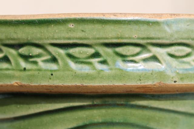 old green glaze yellow ware pottery mixing bowls, pine branch pattern stoneware bowl nest