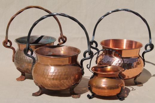 old hammered copper kettles lot, collection of small cauldron pots w/ wrought iron handles