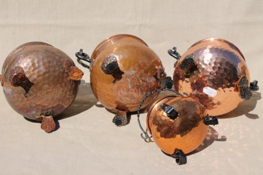 old hammered copper kettles lot, collection of small cauldron pots w/ wrought iron handles