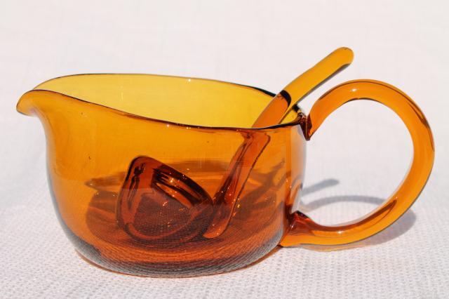 old hand blown amber glass mayonnaise spoon or sauce ladle & pitcher or gravy boat