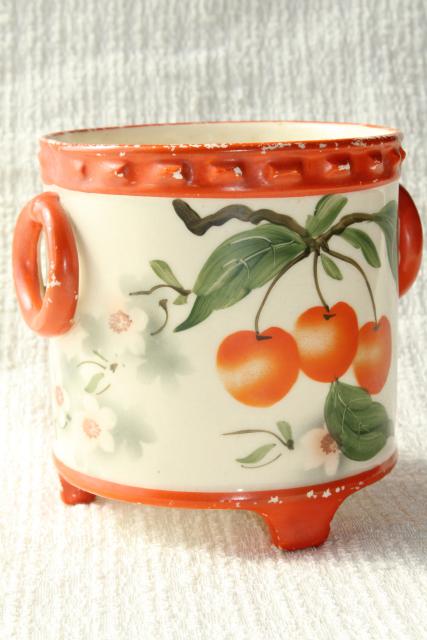 old hand painted cherries cachepot jardiniere planter pot, deco vintage Erphila art pottery