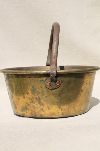 old hand-forged solid brass bucket, open hearth fire cooking pot kettle w/ iron handle