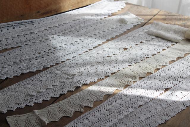 old handmade knit knitted lace edging, wide flounce sewing trim for linens or clothing