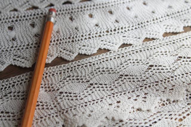 old handmade knit knitted lace edging, wide flounce sewing trim for linens or clothing