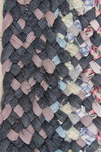 old handmade twined braided rug, traditional vintage hand crafted wool rag rug