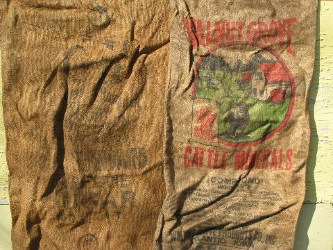 old hessian cloth gunny sacks, vintage burlap feed grain bags lot