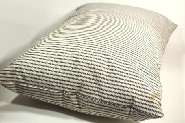 old indigo blue striped cotton ticking, primitive country farmhouse vintage feather pillow