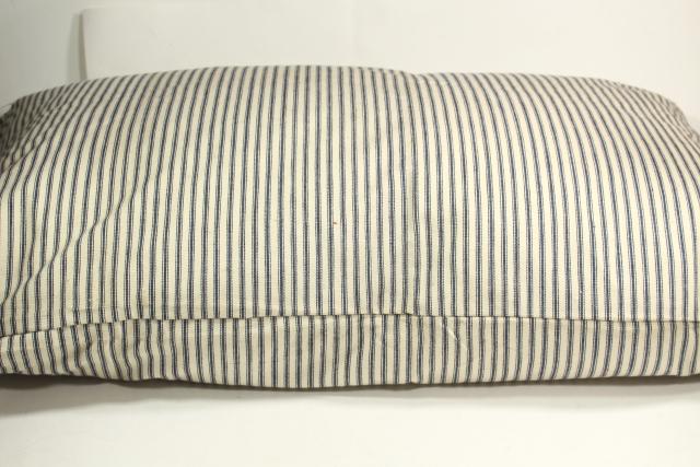 old indigo blue striped cotton ticking, primitive country farmhouse vintage feather pillow