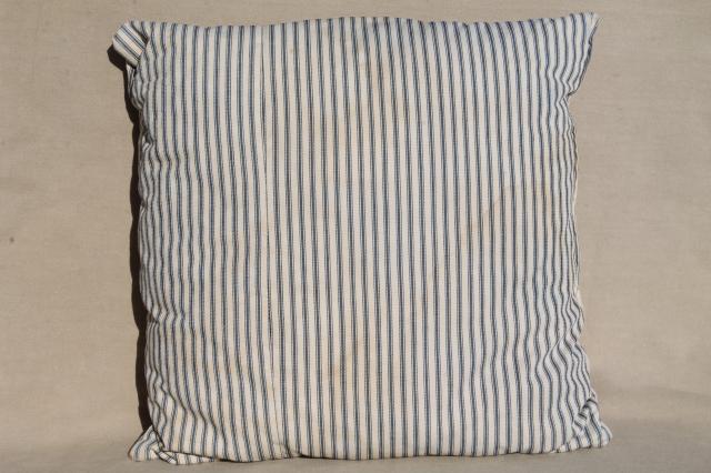 old indigo blue striped ticking pillows, square feather pillow vintage seat cushions or toss pillows