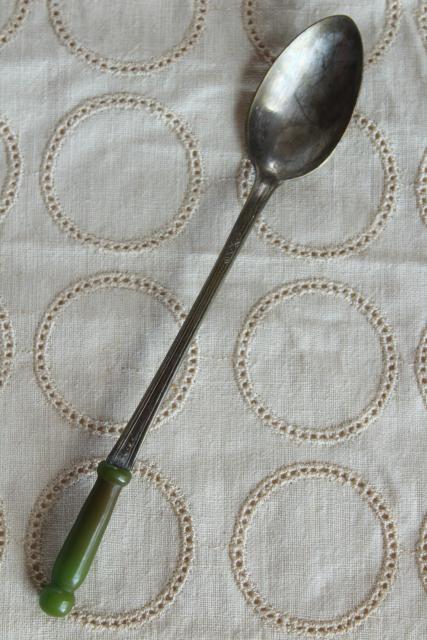 old long handled silver spoon w/ spinach green bakelite handle, pickle or olive spoon