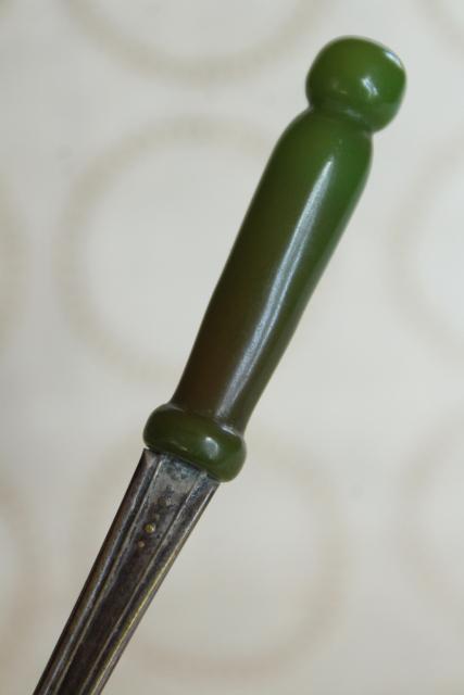 old long handled silver spoon w/ spinach green bakelite handle, pickle or olive spoon