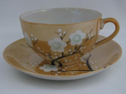 old luster china cups and saucers w/ handpainted plum blossom, made in Japan