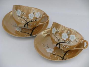 old luster china cups and saucers w/ handpainted plum blossom, made in Japan