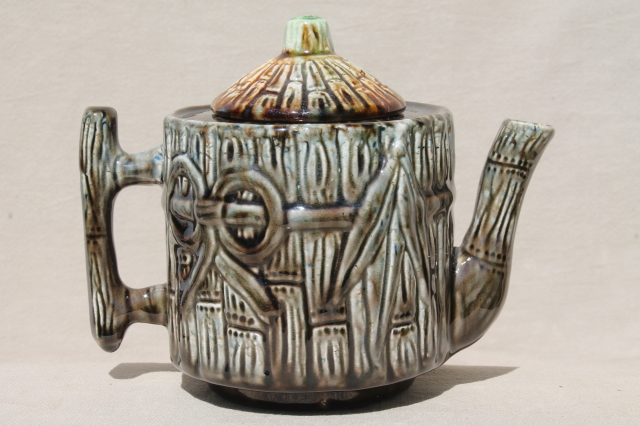 old majolica type pottery teapot w/ bamboo pattern, 1800s vintage Taft potteries New Hampshire