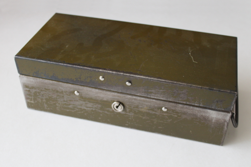 old metal cash box lock box w/ till divided tray insert, drab green vintage industrial