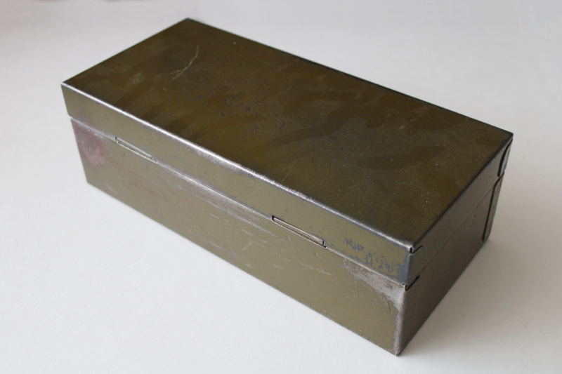 old metal cash box lock box w/ till divided tray insert, drab green vintage industrial
