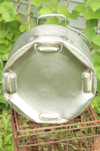 old metal milk pail, vintage DeLaval stainless steel milker milking machine bucket