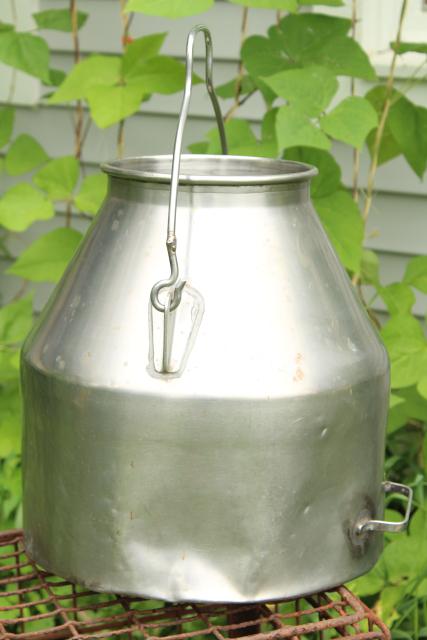 old metal milk pail, vintage DeLaval stainless steel milker milking machine bucket