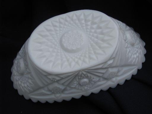 old milk glass celery tray and nappy, vintage star quilt pattern