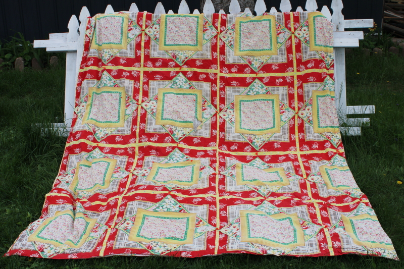 old patchwork quilt comforter, bright cotton fabrics, vintage feed sack fabric hanky print